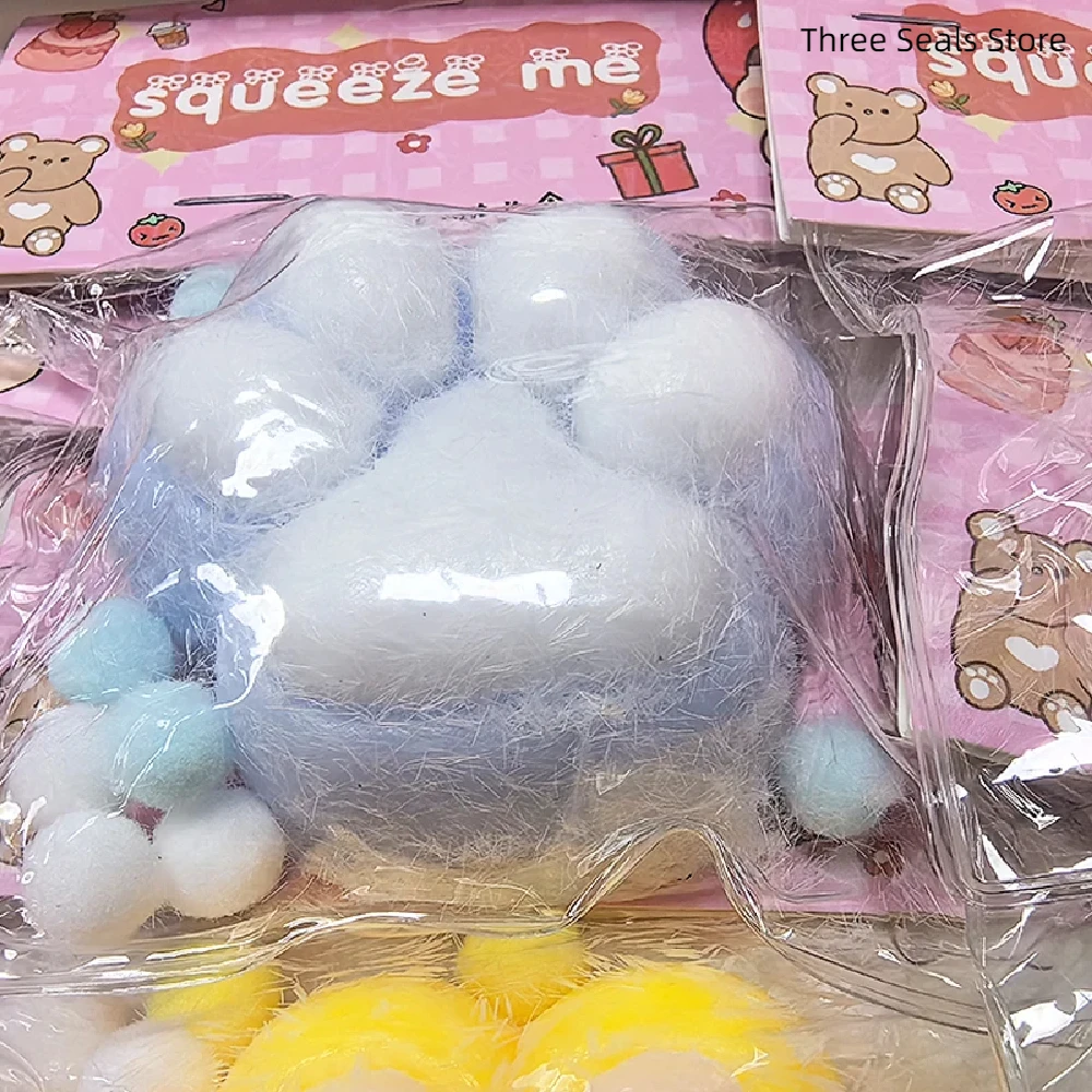 Squeeze Cat's Paw with Fur Stress Relief Squishy Fidget Toy Mini Kawaii Plush Silicone Sticky Decompressing Pinching Cat Foot