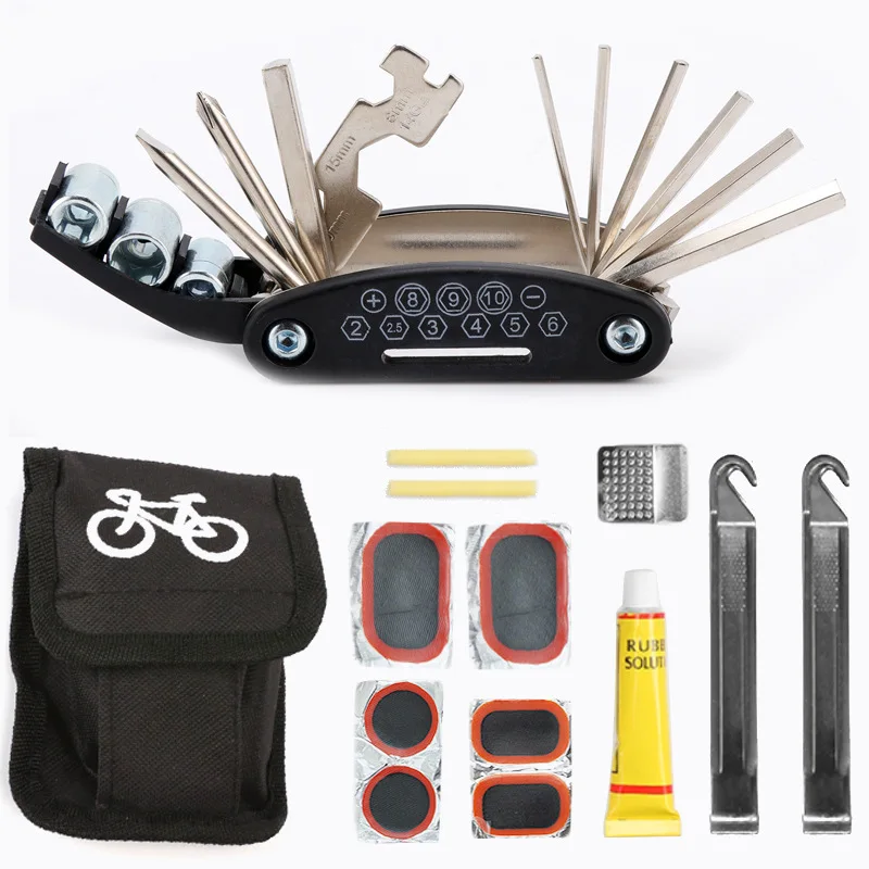 Bicycle Tire Repair Tool Kits 16 in 1 Multifunction Mechanic Fix Tools Set Bag Portable Tyres Patch Kit Bike Maintenance Tool