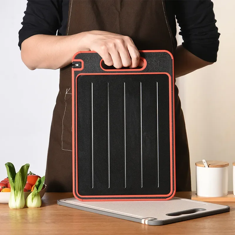 

2-Sided Multi-Purpose Wheat Straw Defrosting and Cutting Board with 3 in 1 Design and Knife Shred Board Belt.