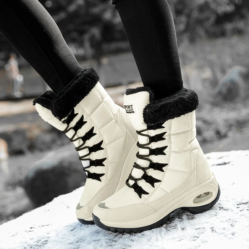 Women Boots Winter Keep Warm Quality Mid-Calf Snow Boots Ladies Lace-up Comfortable Waterproof Booties Thigh High Leather Boots