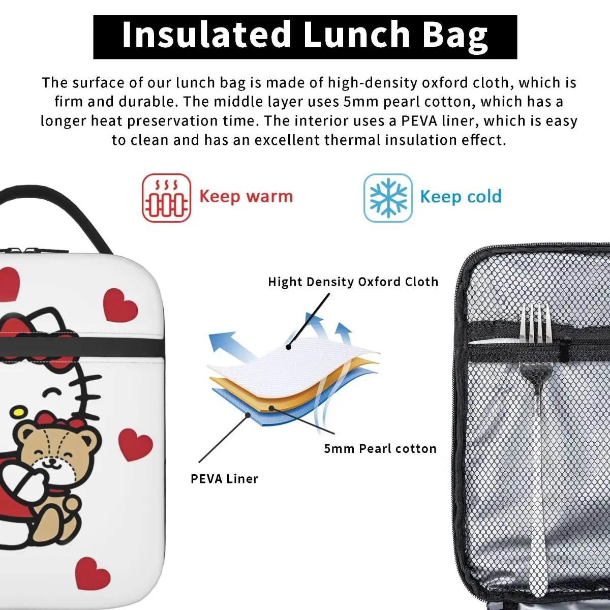 حقيبة غداء معزولة من هالو كيتي آند بير، حاوية وجبة مقاومة للتسرب، حقيبة حرارية، صندوق غداء، حقيبة طعام خارجية للعمل #5
