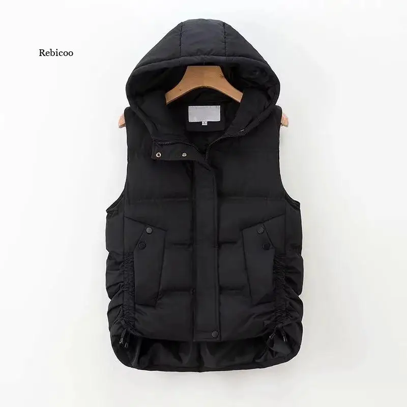 

Autumn and Winter Women's New Hooded Side Drawstring Down Cotton Vest Vest Women