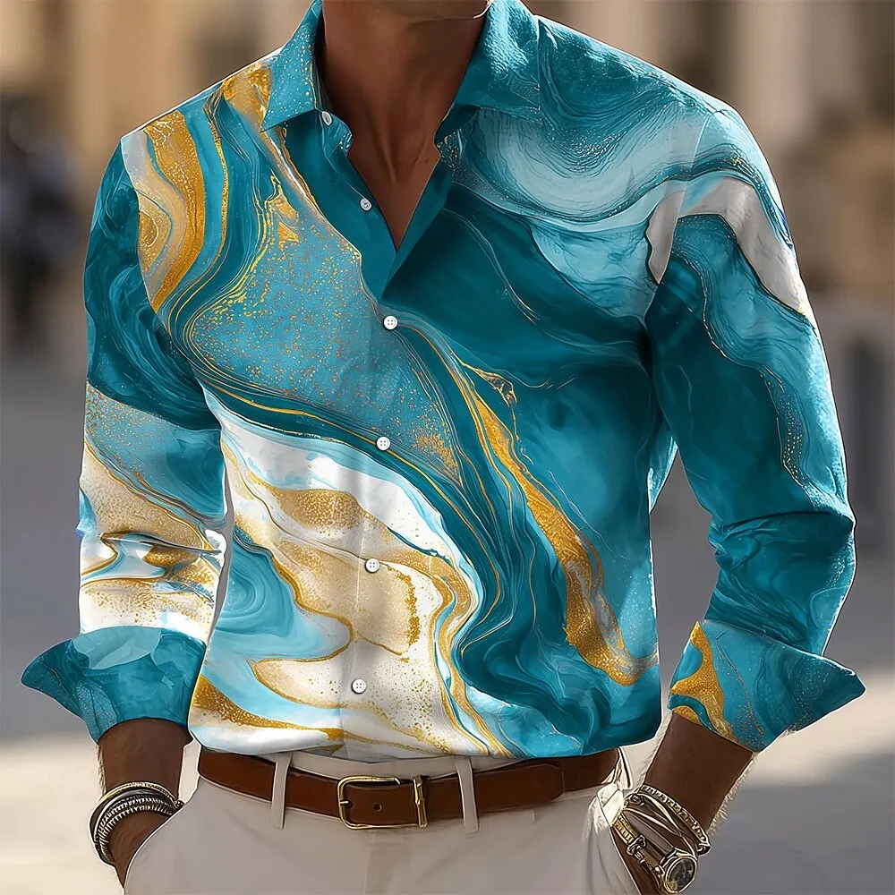 Men's 2025 Long Sleeve Shirts Marble Abstract Liquid Art Shirts Autumn Winter Streetwear Casual Comfort Polyester Slim Fit Shirt