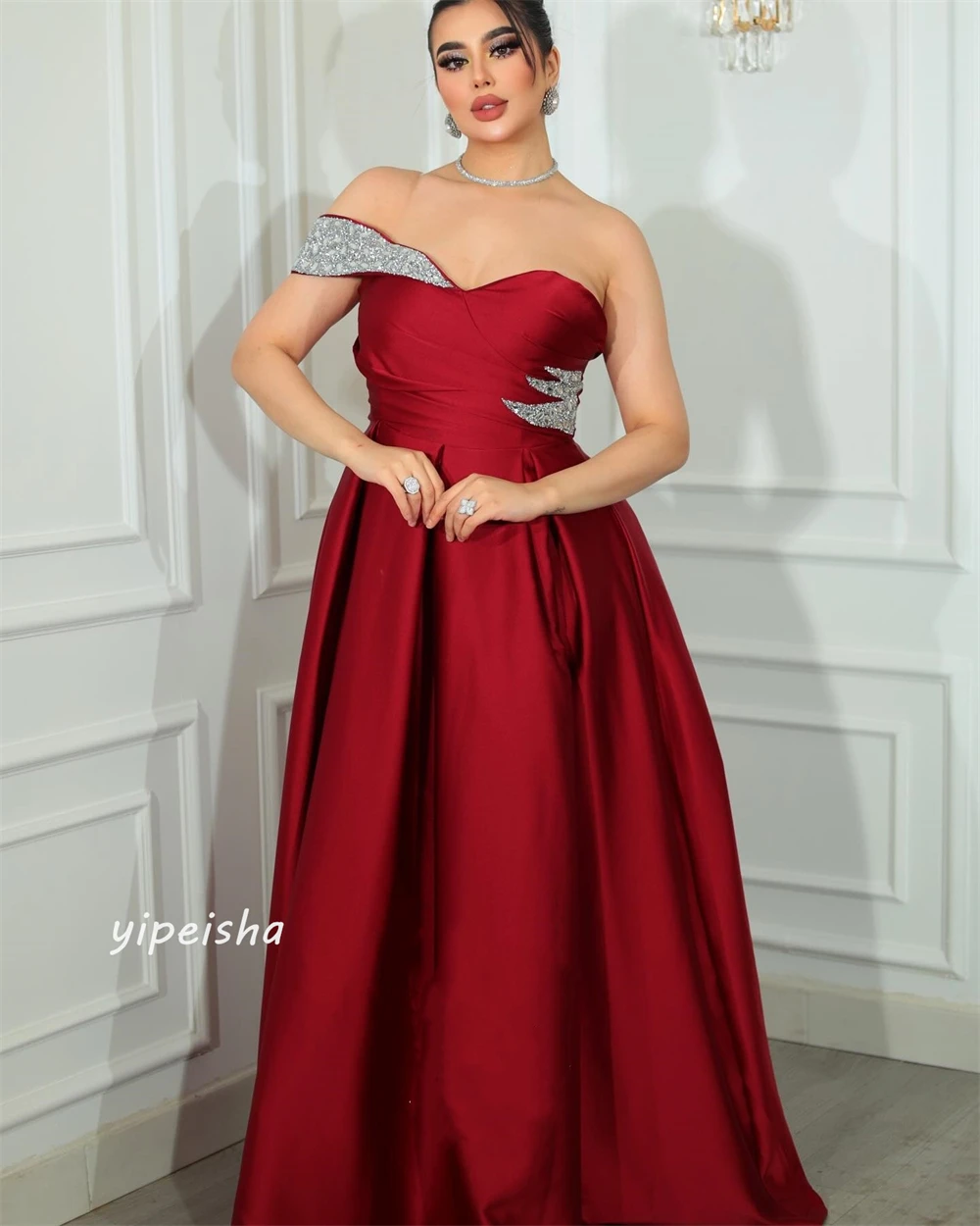 Ball Dress Evening Satin Draped Sequined Pleat Quinceanera A-line Off-the-shoulder Bespoke Occasion Gown Long Dresses