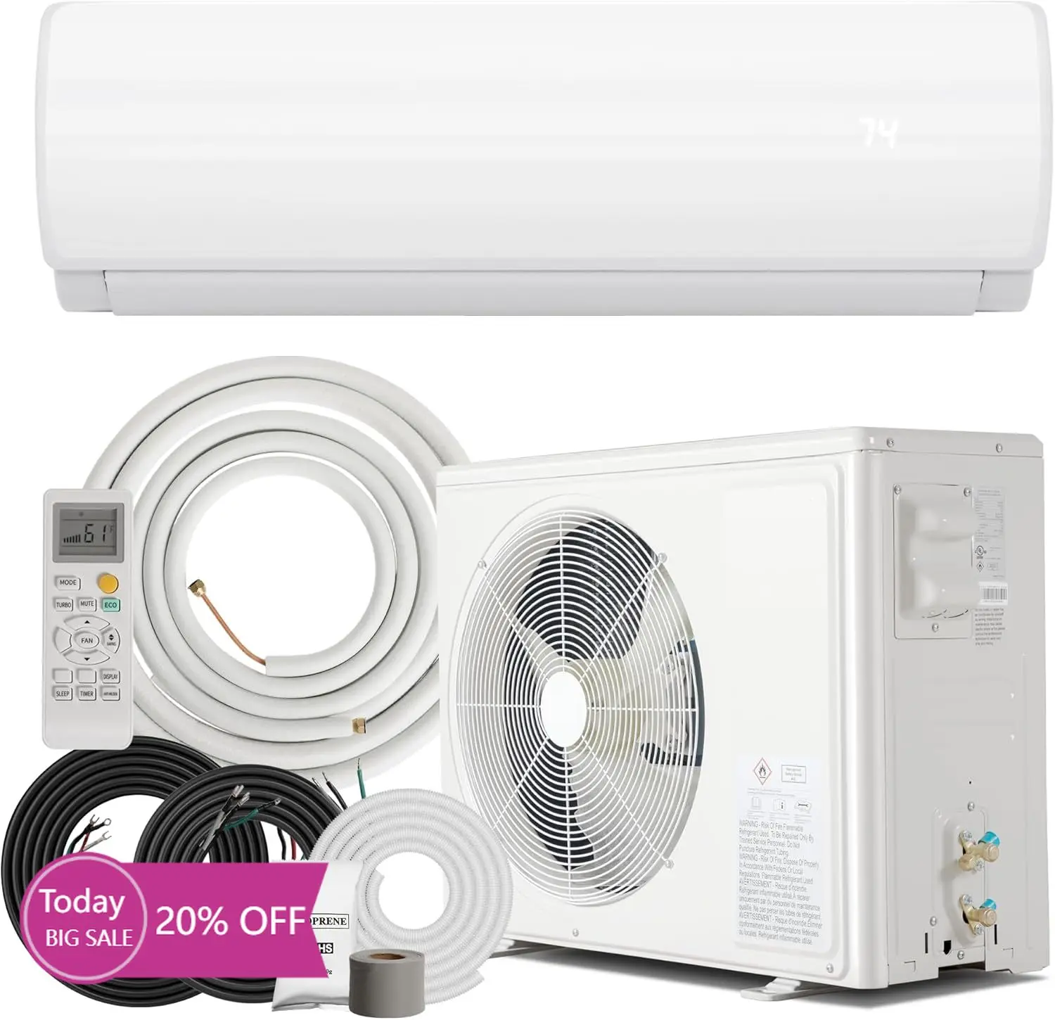 Bestseller12000BTU Mini aire acondicionado y calentador dividido con inversor, unidad de CA de ahorro de energía 19 SEER2 enfría habitaciones hasta 750 pies cuadrados.