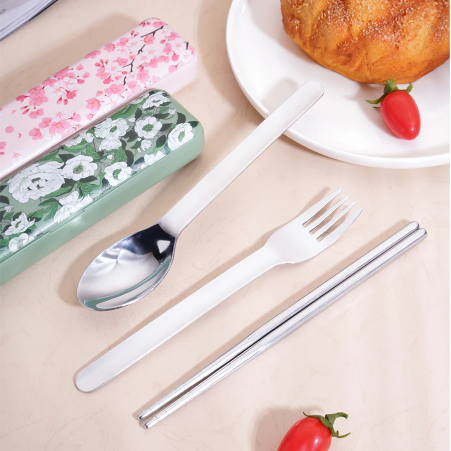 304 Stainless Steel Portable Cutlery Set Japanese Style Dinnerware Fork Spoon Chopsticks Set Magnetic Box With Cherry Pattern view 5