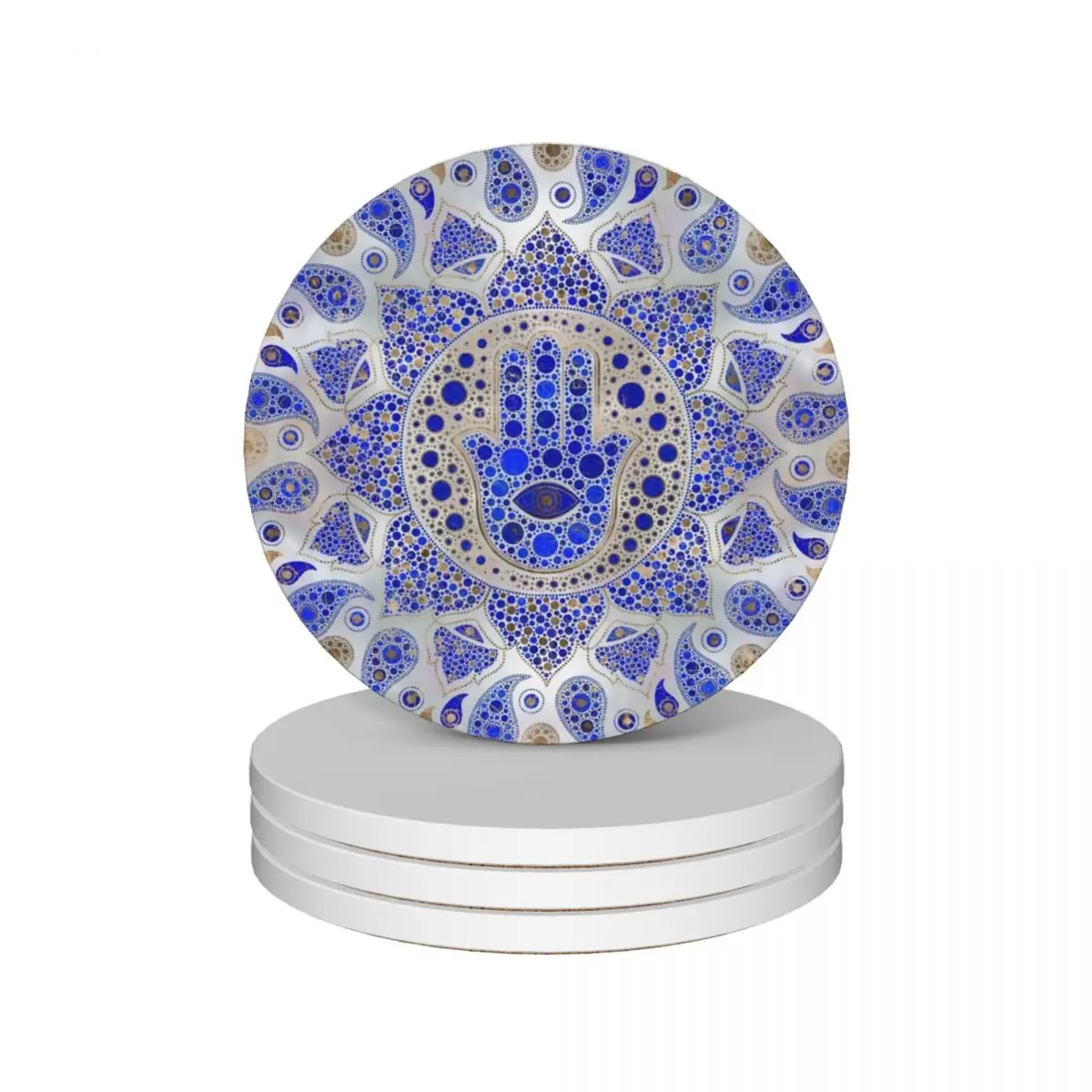 

Hamsa Hand -Hand of Fatima Dot Art On Mother of pearl Ceramic Coasters (Set of 4) Cup mat mat for dishes animal Coasters