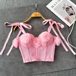 Women Elegant Chic Off Three-dimensional Flower crop Top Slim vintage Sexy tank Top Summer sweet Camis Corset Bustier