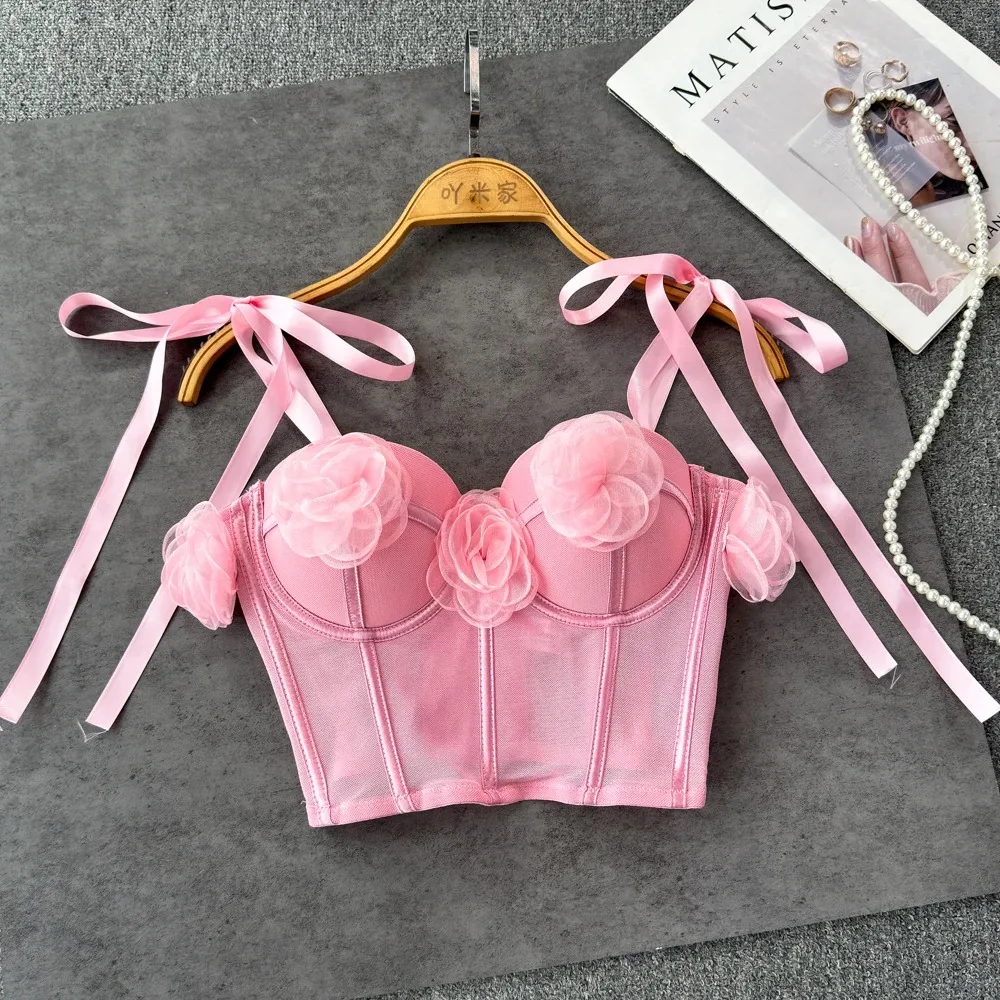 Women Elegant Chic Off Three-dimensional Flower crop Top Slim vintage Sexy tank Top Summer sweet Camis Corset Bustier