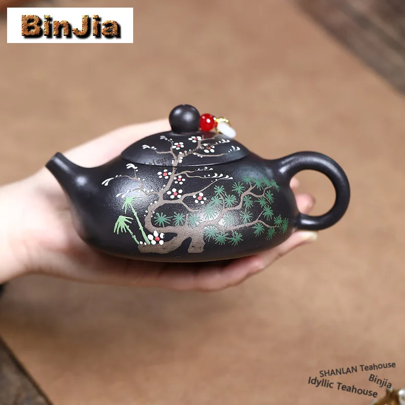 

230ml Antique Yixing Purple Clay Teapots Handmade Plum Bossom Pot Raw Ore Black Gold Sand Mud Kettle Zisha Tea Set Ornaments