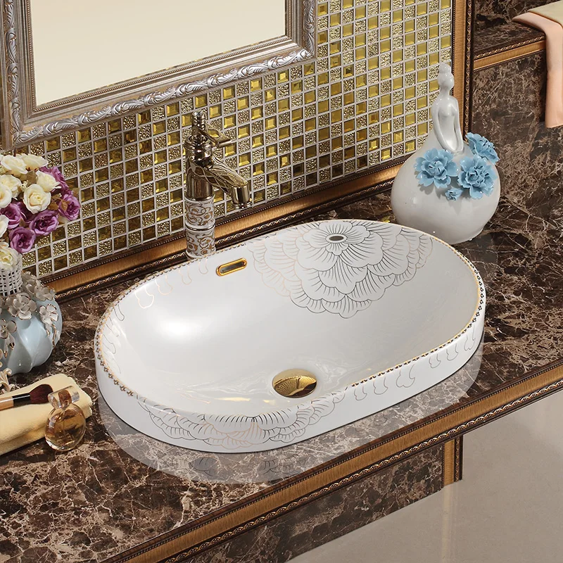 

White Semi Counter Lavobo Bathroom Sink With Overflow Wash Basin peony pattern porcelain ceramic wash basin bathroom sink