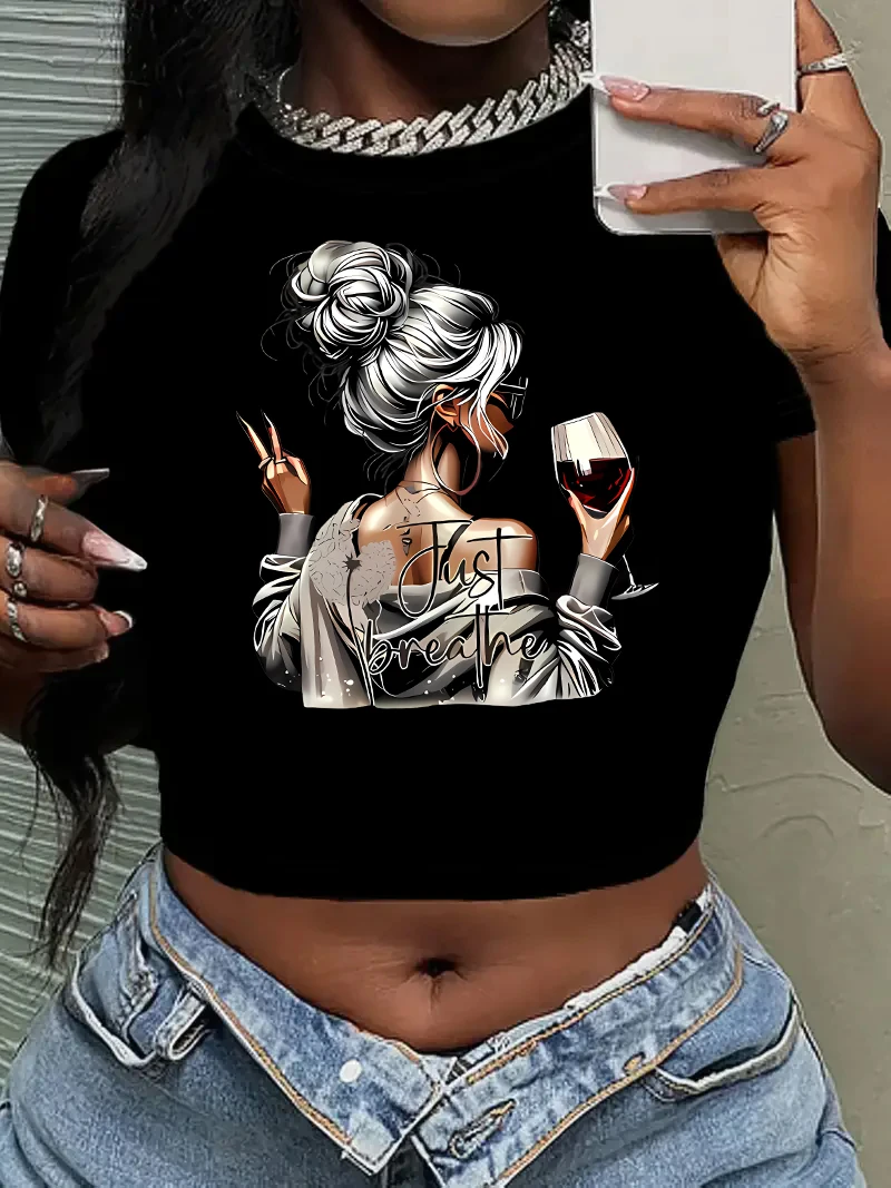 Cropped Chic Artistic Wine Drink Print Crew Neck Short Sleeve Crop Top T Shirt Women's Print Shirt  T-shirt Sexy