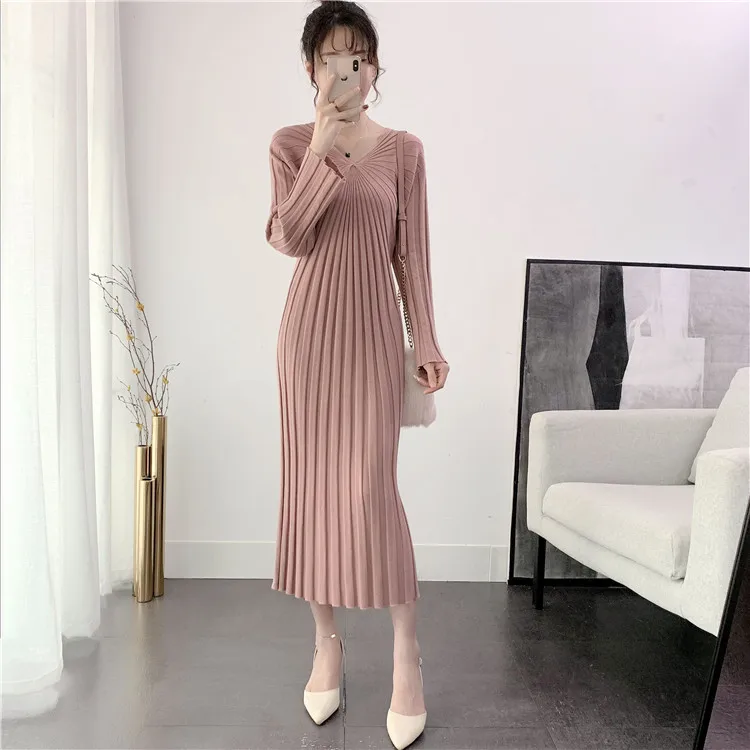 

Loose Large Size Knitted Dress Knee-Length V-Neck Sweater Dress Autumn Winter Fashion Elegant Lady Style High Waist Long Skirt