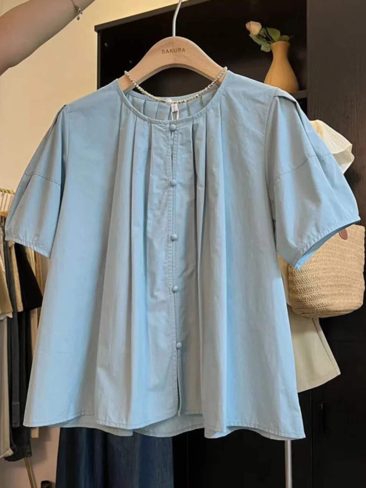 

plus Size 300 Pou Women's round Ne ort Sve irt Summer Slimming Meat Covering Trendy Korean Sle Loose Fit Button up