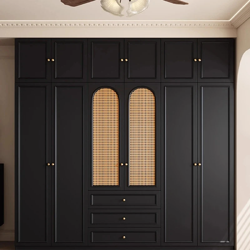 custom.Factory Custom Design Modern Freestanding Black Wooden Wardrobe Rattan Insert Large Bedroom Furniture