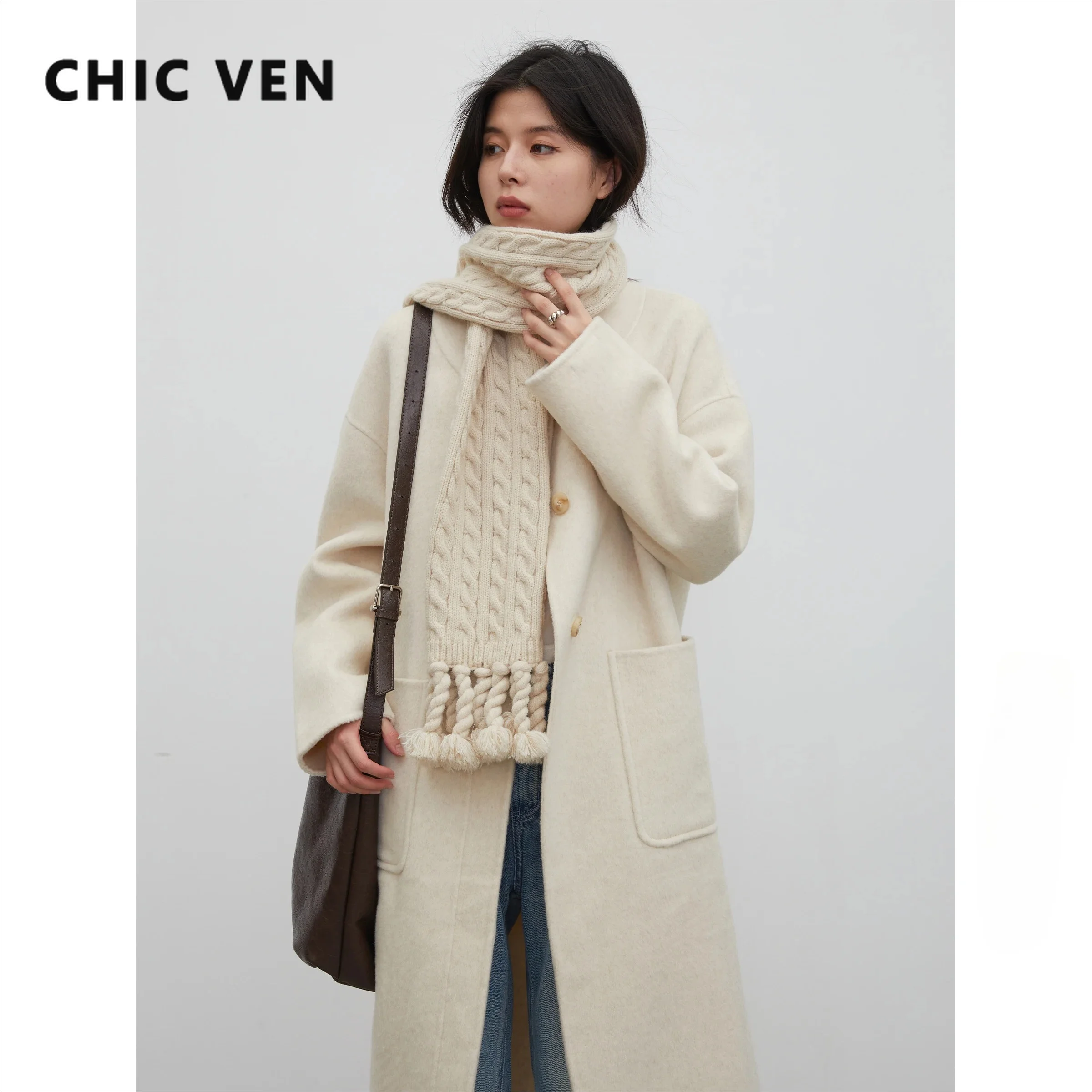 CHIC VEN New Women Long Woolen Coats Korean Loose Solid Double-breasted O-neck Wool Coat with Tassel Scarfs Autumn Winter 2026