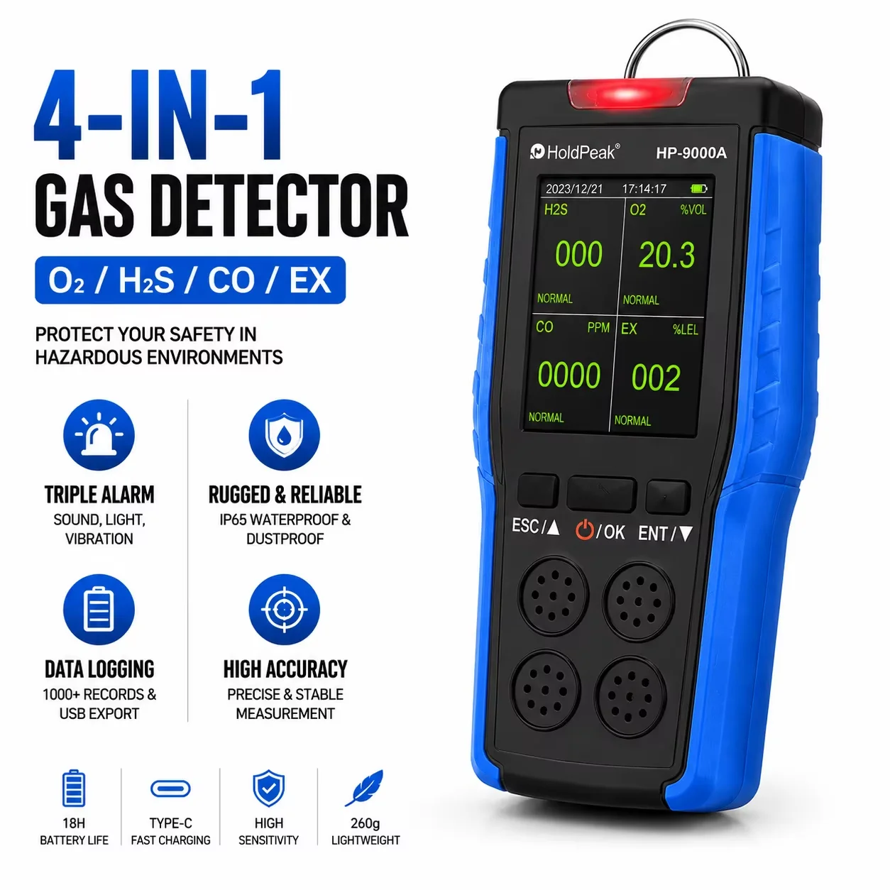 HoldPeak Gas Detector O2/H2S/CO/EX 4-in-1 2.8