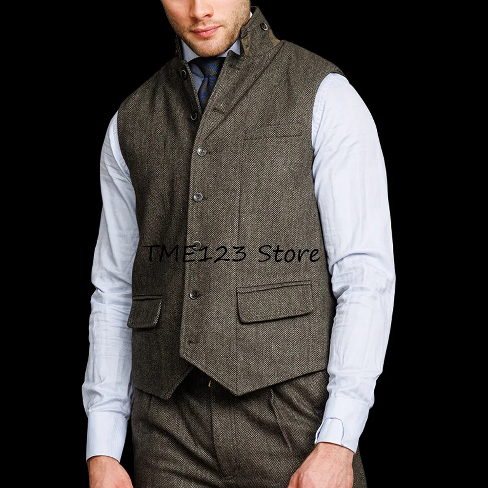 

Men's Vests Single-breasted Suit Vest Herringbone Fabric Stand-up Collar Vintage Waistcoat Elegant Man Vest Gilet Working Male