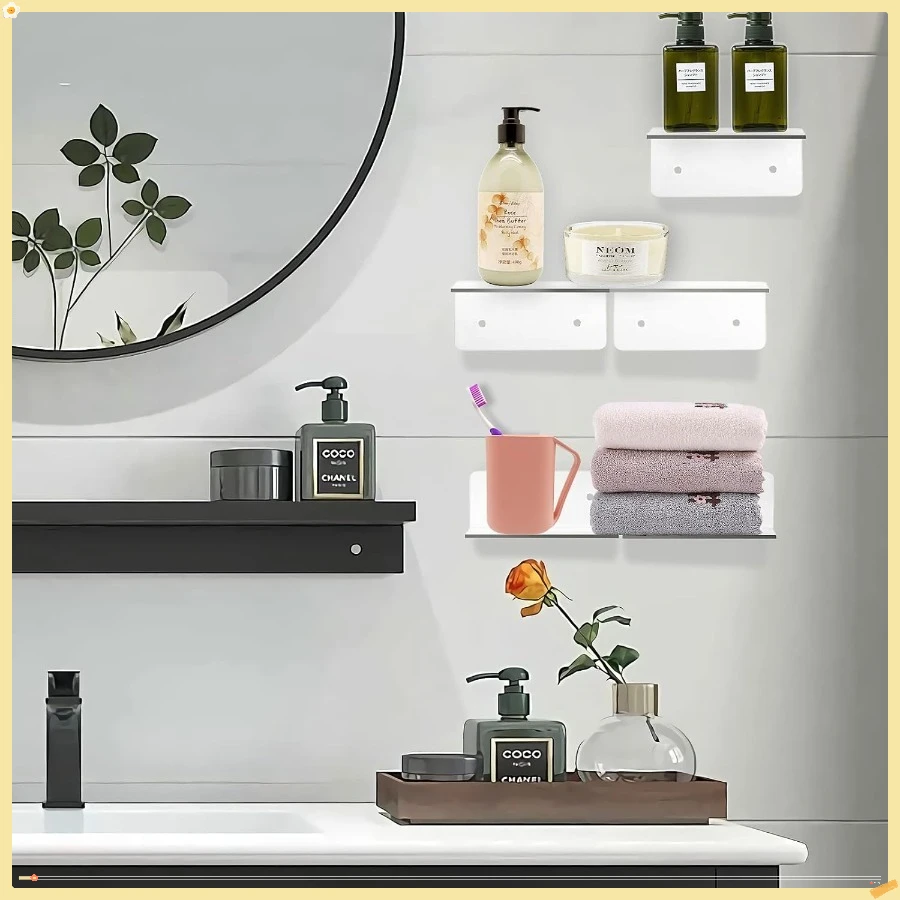 6 Pack Small Acrylic Floating Shelves for Wall, Wall Mounted Hanging Display Shelves for Plants , Adhesive Shelf for Bedroom
