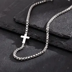 Cross Necklaces for Men Boys,Sideways Stainless Steel Square Box Chain Collar,New Trendy Stylish Jewelry Gifts