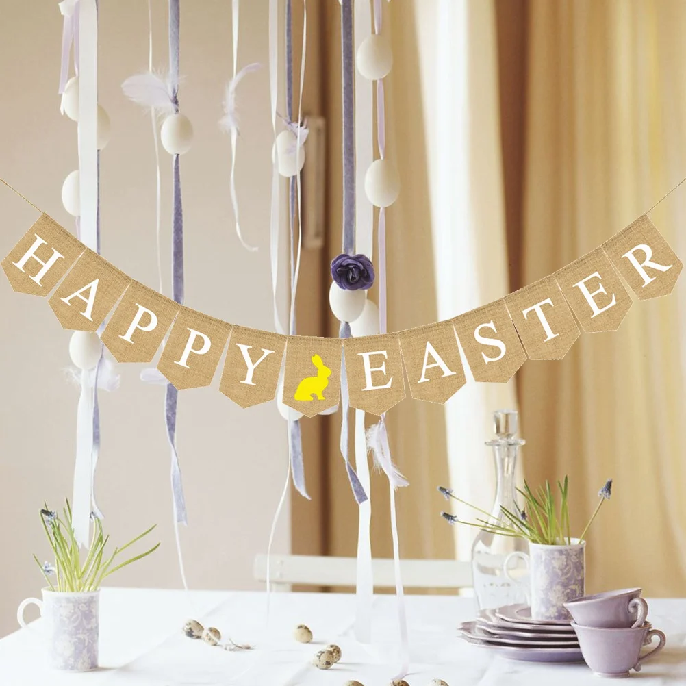 

Happy Easter Bunny Banner Jute Non-Woven Fabric Bunting Yellow Party Decoration Bunny Sign Photo Backdrop Easter Pull Flag