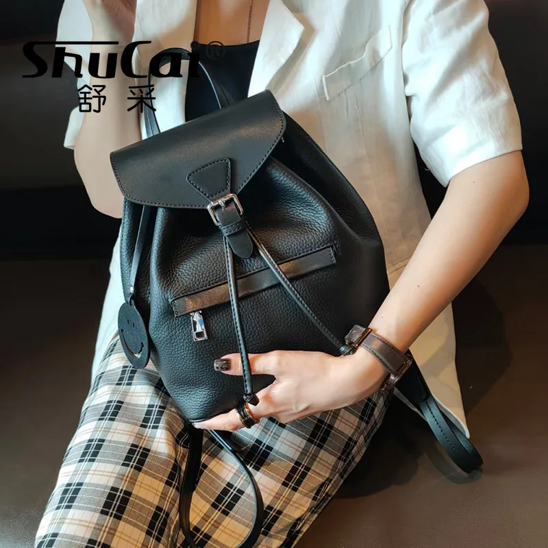 new drawstring leather women's shoulder bag first layer cowhide contrast color leisure travel large-capacity backpack