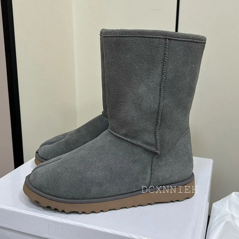 Flat Thick Bottom Mid Calf Boots Snow Boots Women Round Toe Kid Suede Split Toe Shoes Winter Warm Real Wool Lining Short Boots