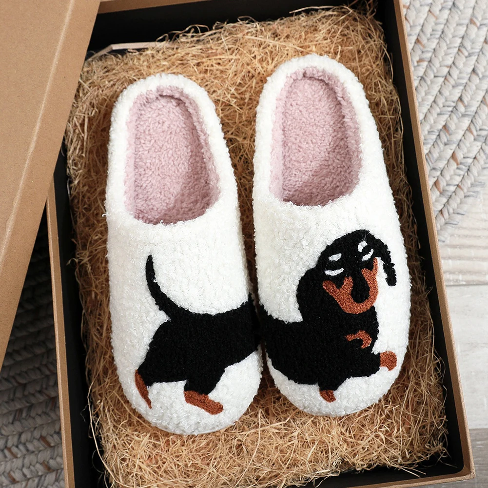 Pet Pattern Dachshund Embroidery stuffed Home Thick Sole plaid Furry Cotton Slippers Cute Warm Non-slip Indoor Slippers Mom Gift