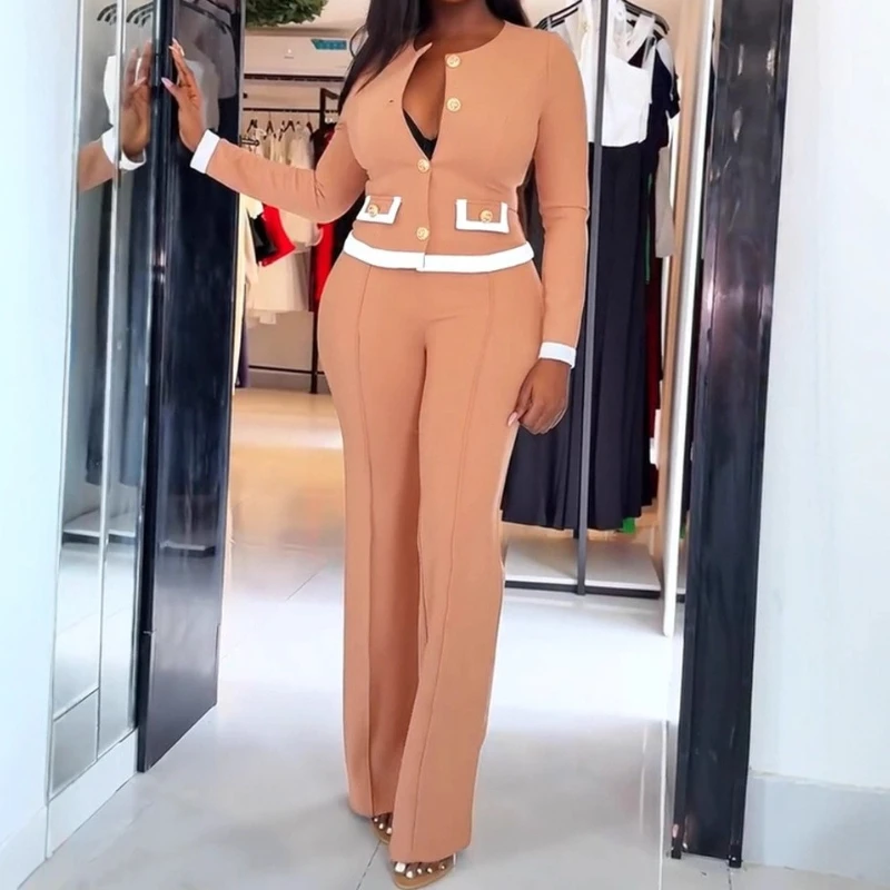 Women 2-Piece Splicing Single Breasted Detail Exposed Navel Top and Elastic High Waisted Pants Casual Commuting Set 2026 Spring