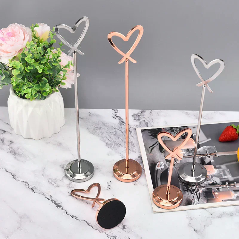 Stainless Steel Card Holder Heart Shape Memo Photo Stand Minimalist Metal Message Board For Home Office Decor With Non-Slip Base