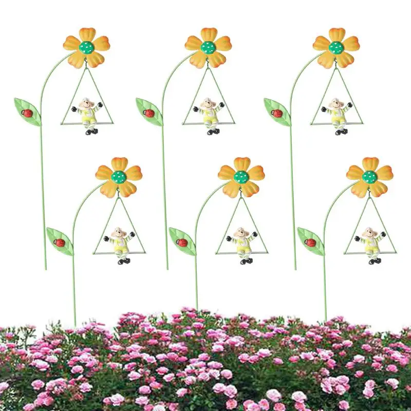 Garden Flower Stakes 6pcs Decorative Metal Plant Stakes 10.6 Inch Ornamental Yard Stakes With Cute Animals On Swings Indoor