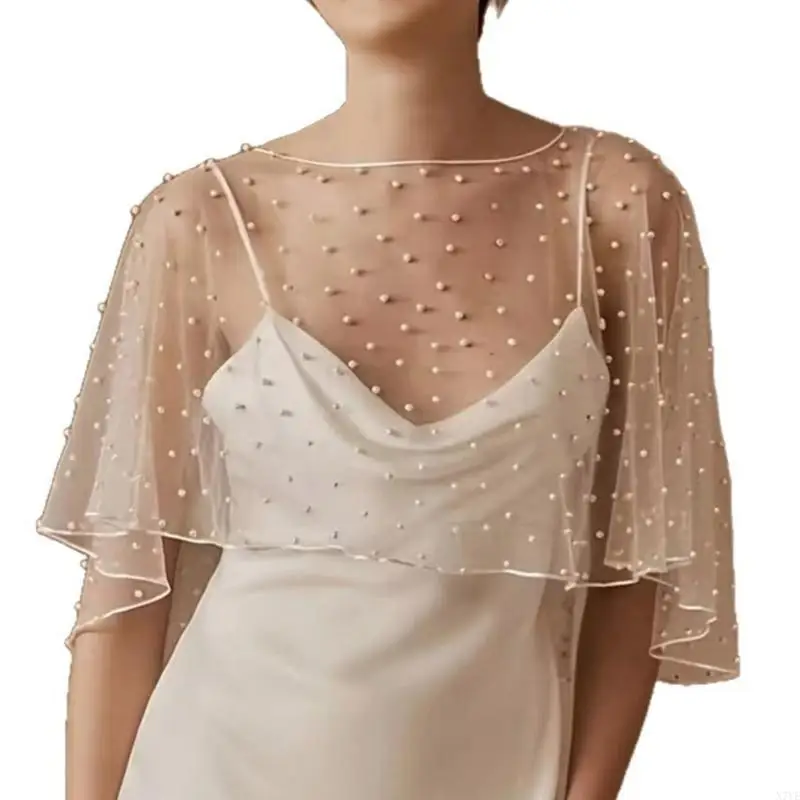 

N7YE Graceful Sheer Tulle Wrap Adorned with Pearls for Weddings and Parties