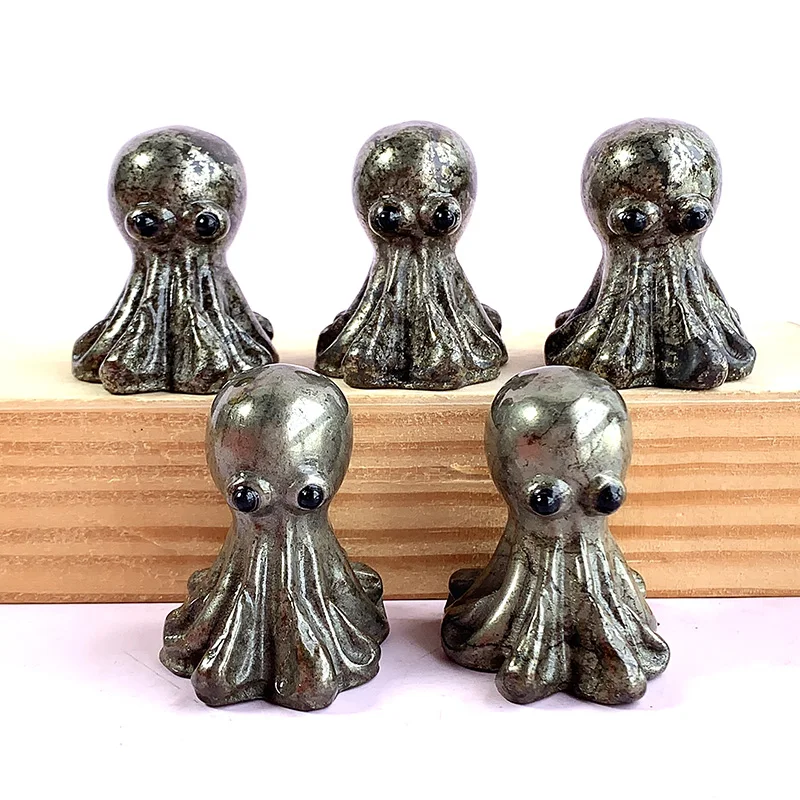 Natural Quartz Octopus Pyrite Carving Ornament, Reiki Crystal Animals, Chalmersite Gemstone, Home Decorations, DIY Gifts, 1Pc