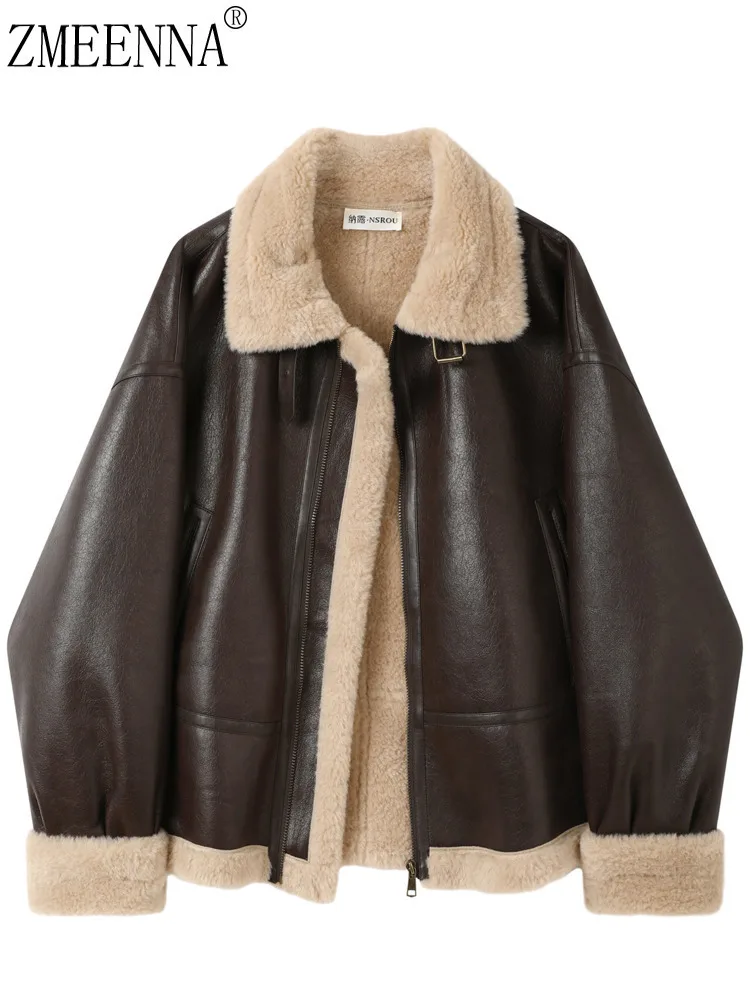 

ZMEENNA женская коричневая куртка на подкладке из искусственной кожи с нечетким отложным воротником на молнии, теплое зимнее пальто ZM4492