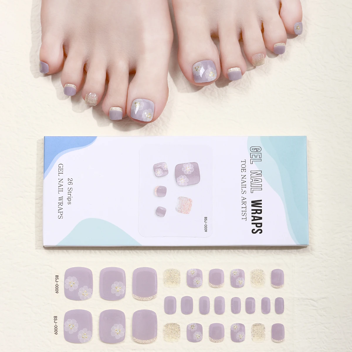 Pegatinas de uñas de Gel para dedos de los pies, tiras autoadhesivas de cubierta completa coreana, lámpara UV, necesita deslizadores impermeables, accesorios de manicura, 26 puntas