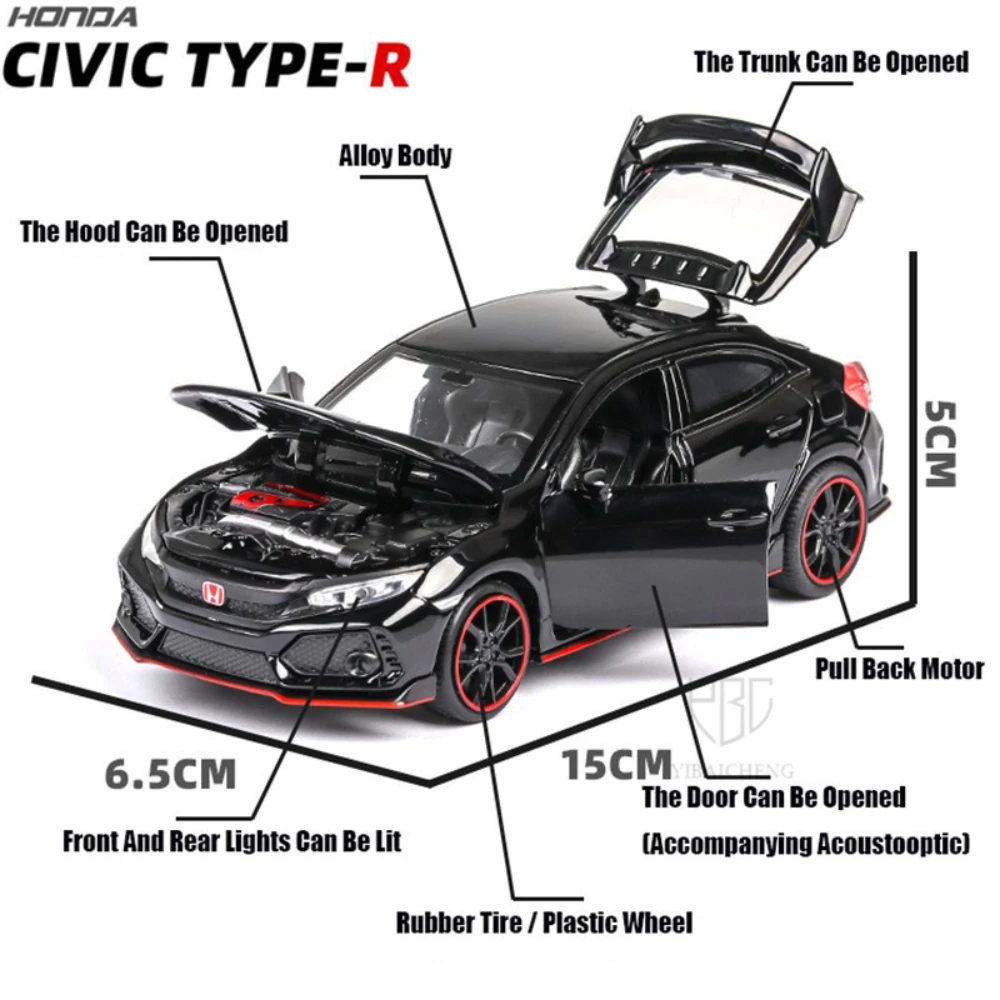 Coche de juguete de aleación de TYPE-R para niños, modelo de coche de juguete de Honda CIVIC 1:32, fundido a presión, con luz de sonido, vehículos