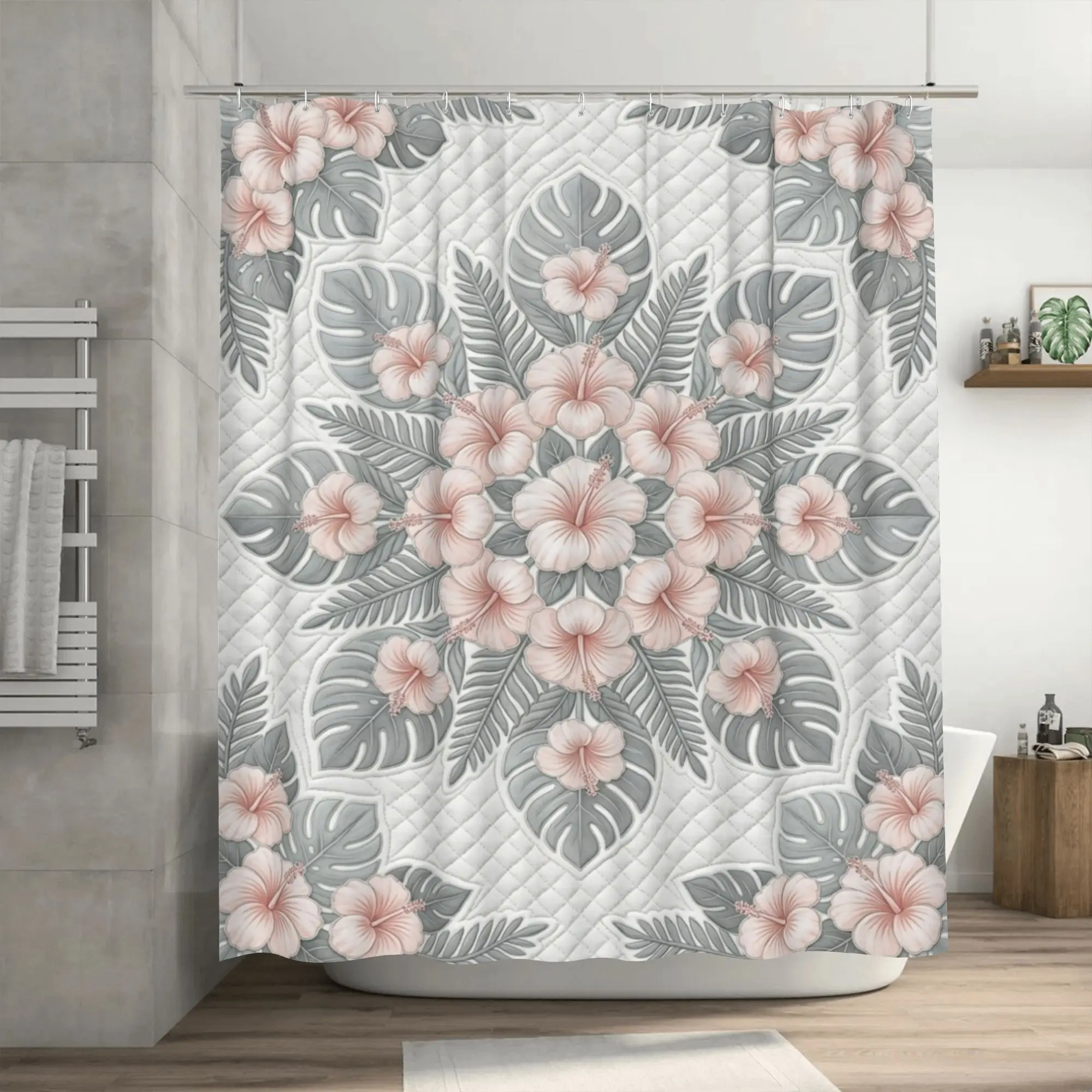 Boho Tropical Floral Shower Curtain Waterproof Bathroom Curtain Large Decorative Pink Green Leaf Print Monogram Jungle Decor Sho