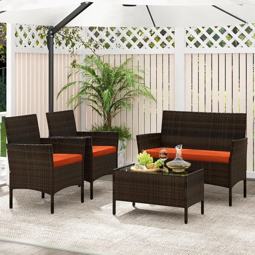 

4-piece terrace furniture set, outdoor rattan conversation set, with sofa, wicker chair, tempered glass coffee table