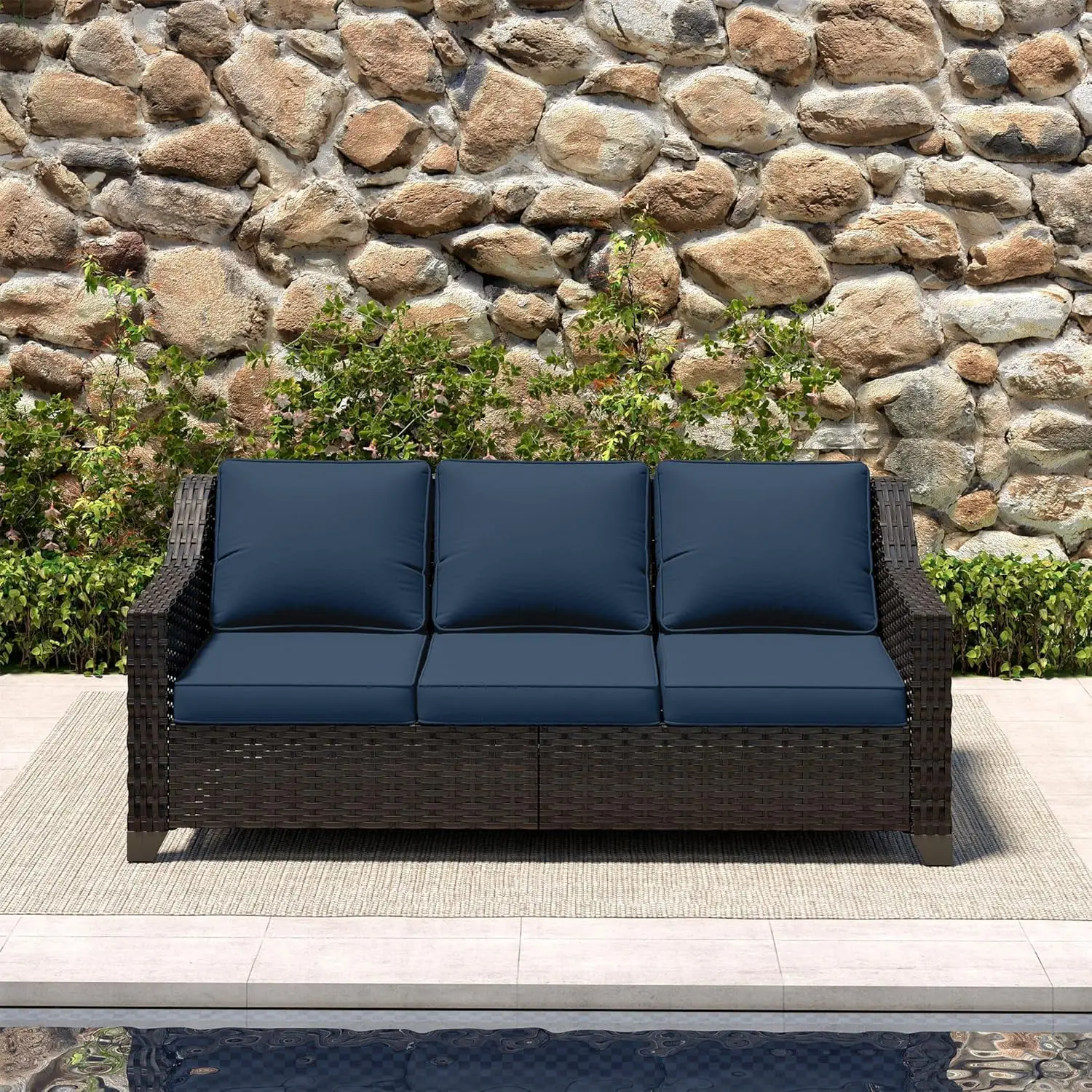 Outdoor Wicker Sofa with Deep Seat & Olefin Removable Cushion, All-Weather Porch Deck Backyard Furniture, Customized