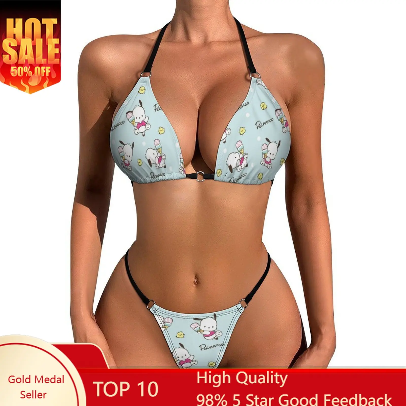 

Pochacco Bikini Swimsuits Womans Two Piece Sexy Bikini Set Sanrio Adjustable Ties Bathing Suit Cartoon Dog Underwear and Panties