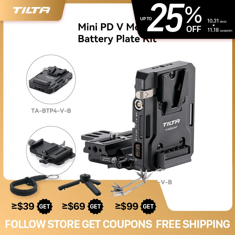 TILTA 100W Mini PD V Mount Battery Plate Black with Adjustable ARCA Receiver USB-C P-Tap and 2-Pin TA-BTP4-V-B