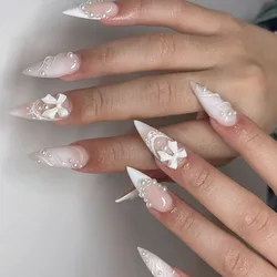 3D Bow Pearl Press on Nails Extra Long Stiletto Fake Nails with Design Silver French Tip Acrylic Nails Stick on Nails Artificia