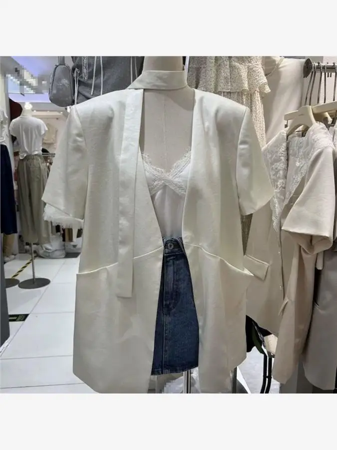 

Silk Satin V-Ne ort Sve Suit Jaet Women's Loose Top Faionable Summer New Arrival Ele Feel Casual Wear