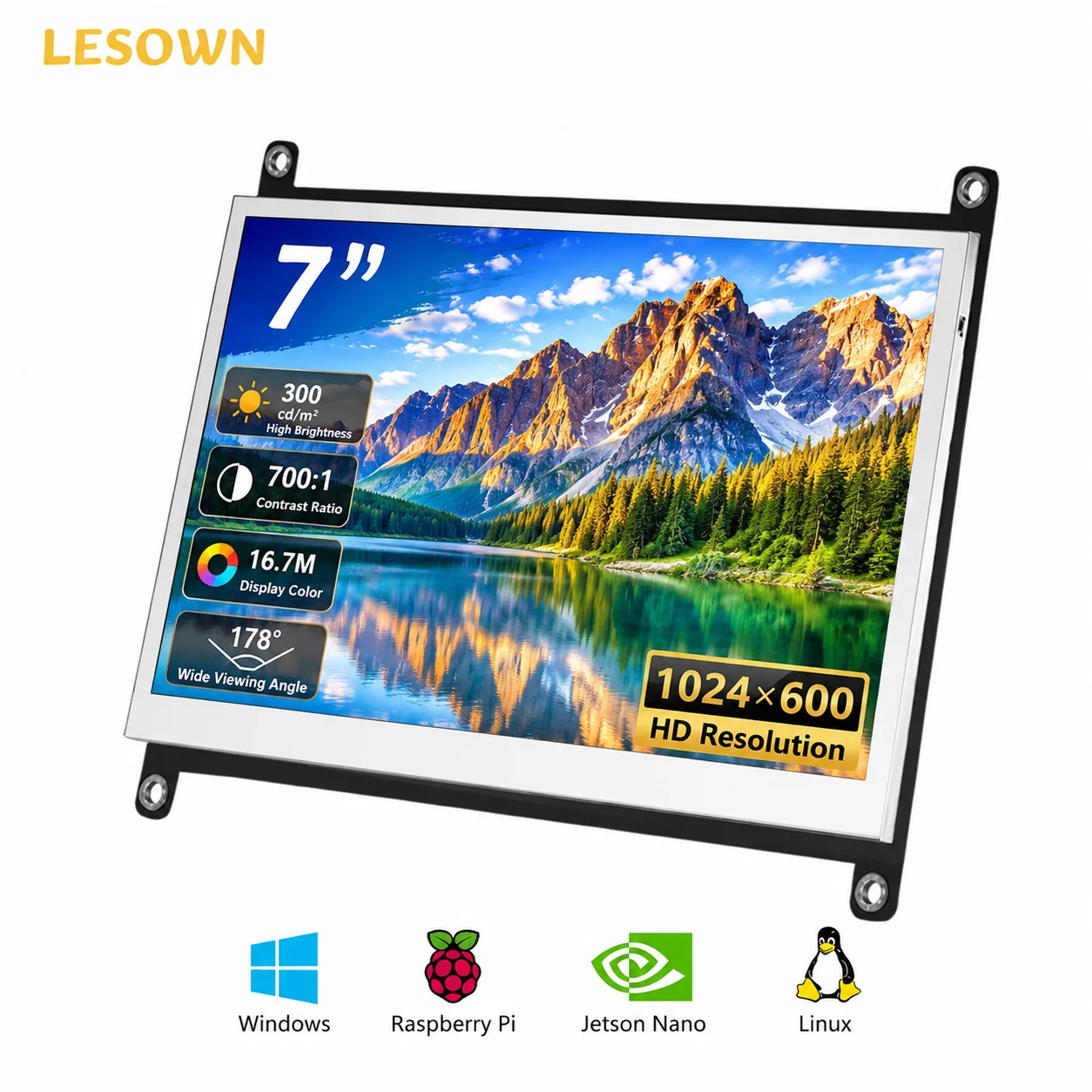 LESOWN 7 inch IPS LCD Assembly 1024x600 HDTV Interface Plug and Play Driver-Free for Raspberry Pi 4 DIY Project