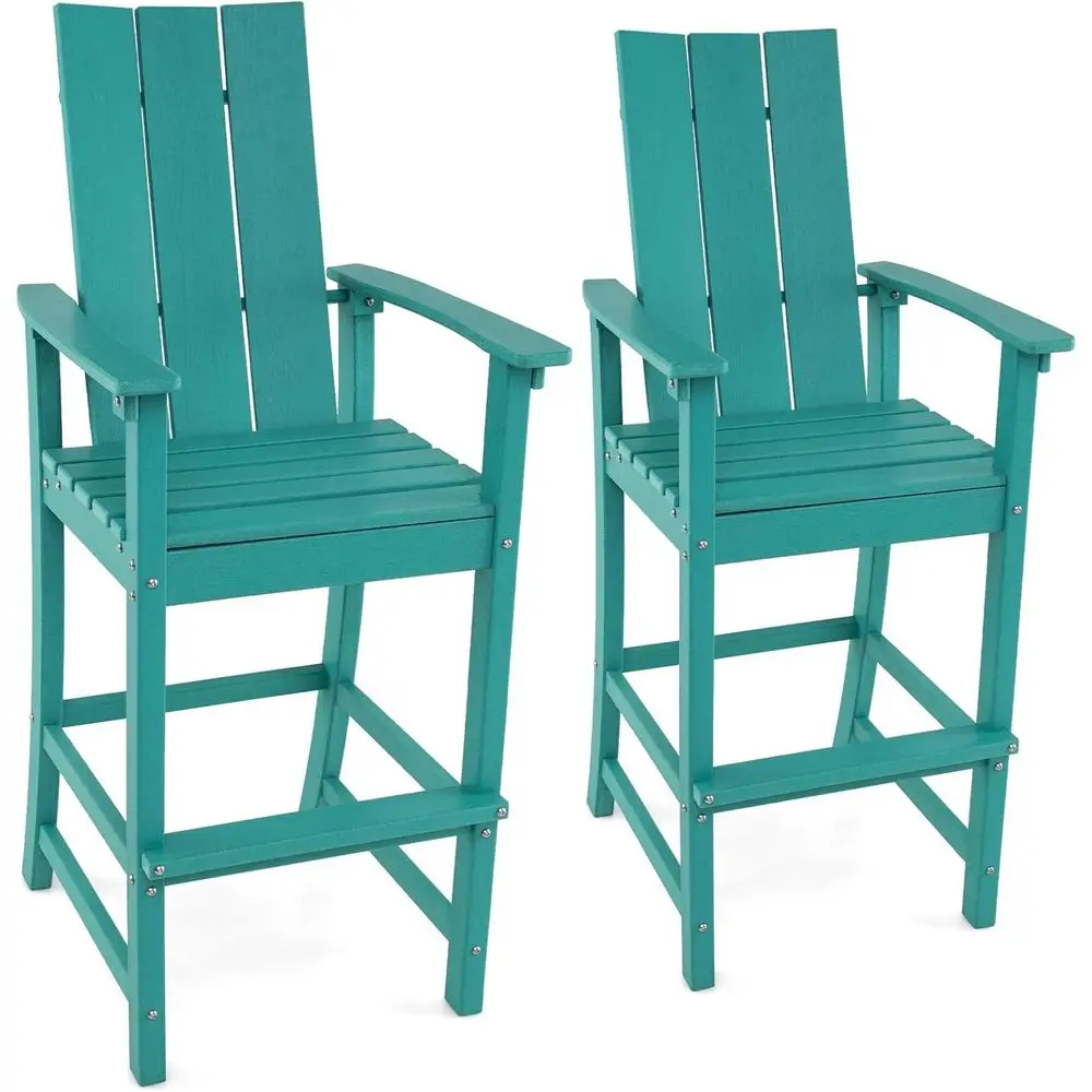 Set of 2 Ergonomic Outdoor Bar Stools with Backrest, Armrests, and Footrest in HDPE, All-Weather Patio Furniture in Turquoise