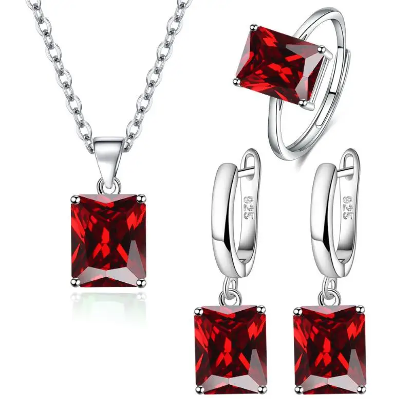 Rectangle Natural Yellow Citrine 925 Sterling Silver Geometric Ring+Necklace+Earring Emerald Cut Gemstone Jewelry Set for Women view 2