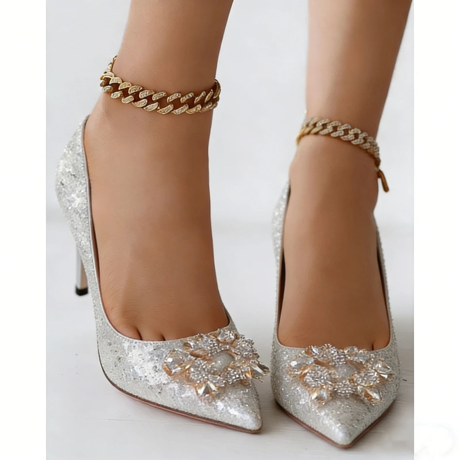 

Sexy Women's Glitter Pointed Toe High Heels, Rhinestone Decor Party Club Pump Shoes Wedding Heels