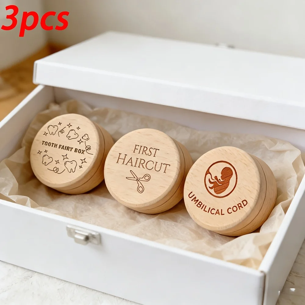 3pcs 2D Star Pattern Wooden Baby Teeth Storage Box Milk Teeth Fetal Hair Keepsake Container for Preserving Childhood Memories