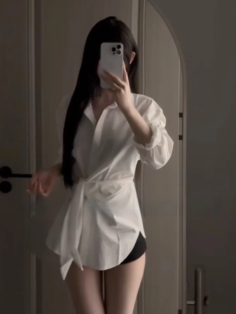 

Ele White Long Sve irt Women's Spring New Design Waist-Cinching Slimming Commute Top Cotton French Sle Tie-Belt