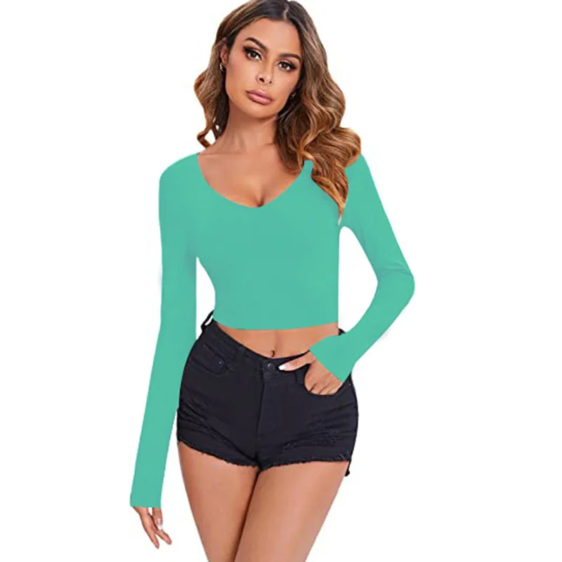 European and American Women's Clothing Cross-border New Hot-selling Sexy Slim-fitting V-neck Long-sleeved Short Cw69916